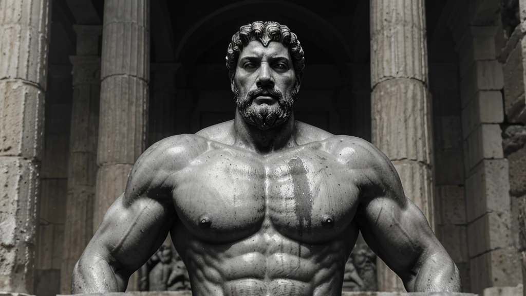 a portrait statue of the stoic Marcus Aurelius in black and white 4K, Super realistic ANCIENT GREEK RUINS, fully body, corpo stark, brawny, stark, wearing no shirt, tronco stark, stark, wearing no shirt, strong arms, 8K, ultra realisitic, cinematographic
