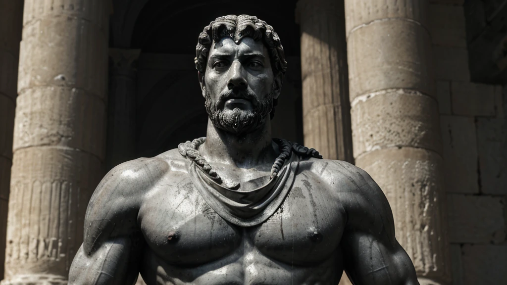 a portrait statue of the stoic Marcus Aurelius in black and white 4K, Super realistic ANCIENT GREEK RUINS, fully body, corpo stark, brawny, stark, wearing no shirt, tronco stark, stark, wearing no shirt, strong arms, 8K, ultra realisitic, cinematographic