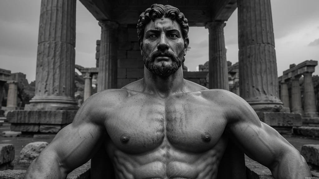 a portrait statue of the stoic Marcus Aurelius in black and white 4K, Super realistic ANCIENT GREEK RUINS, fully body, corpo stark, brawny, stark, wearing no shirt, tronco stark, stark, wearing no shirt, strong arms, 8K, ultra realisitic, cinematographic