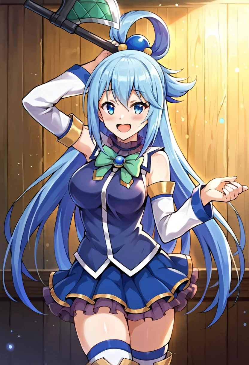 core_9, score_8_up, score_7_up, score_6_up, BREAK source_anime,aqua /(konosuba/), long hair, blue eyes, hair ornament, very long hair, blue hair, hair rings, single hair ring, blue skirt, blue shirt, thighhighs, bare shoulders, detached sleeves, white thighhighs, green bow, blue boots BREAK 1girl, dancing in the rain, detailed eyes, happy, cowboy shot, on the outskirts of Axe