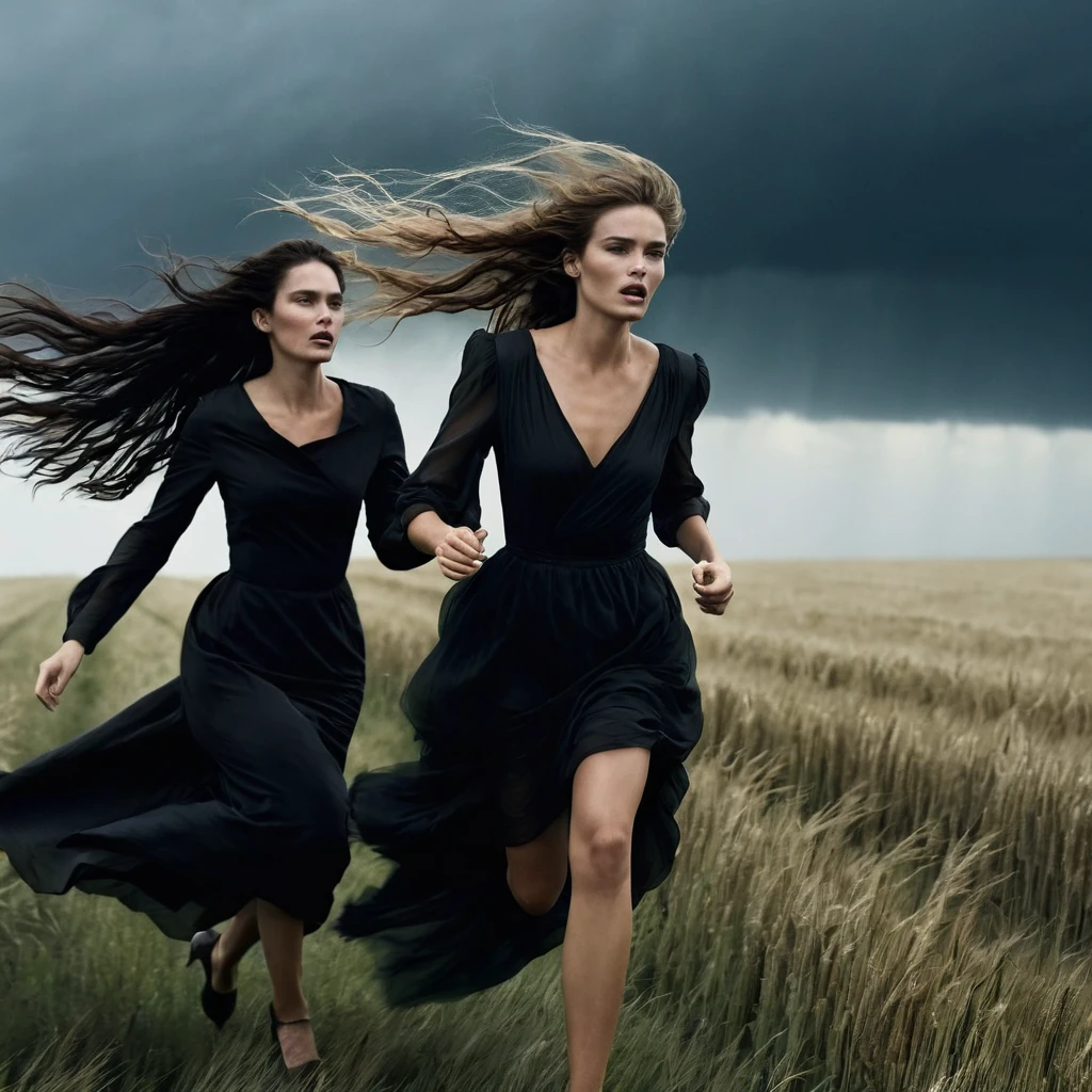two beautiful women with long hair, alone in a dark dress, another in a light dress,  running across a field against the backdrop of a black stormy sky, a strong wind blows their hair, they are scared, fashion photography, portrait, in the style of Peter Lindbergh, masterpiece