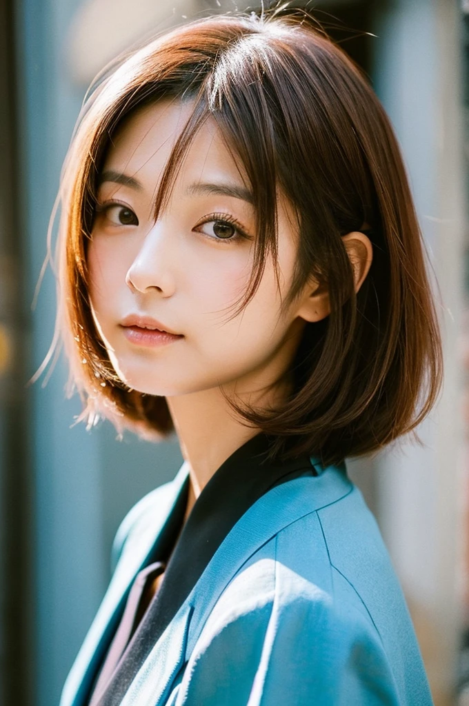 Japanese woman in her early 20s。thin eyebrows and long eyes、High nose、Small Mouth。With bob hair、Brown Hair。In formal attire、Standing facing forward。