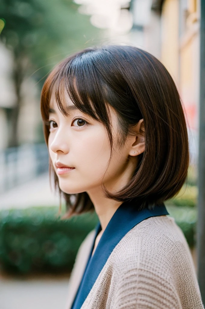 Japanese woman in her early 20s。thin eyebrows and long eyes、High nose、Small Mouth。With bob hair、Brown Hair。In formal attire、Standing facing forward。