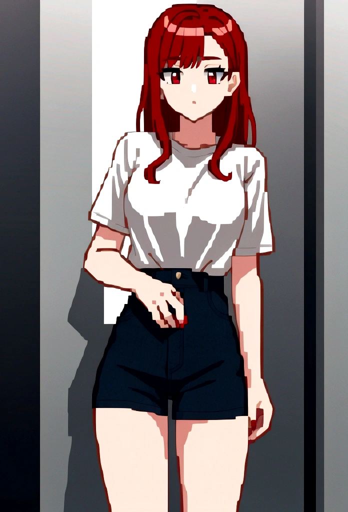 1 girl with red hair and wearing a shirt that reaches her thigh