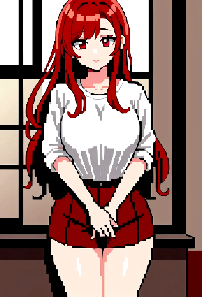 1 girl with red hair and wearing a shirt that reaches her thigh