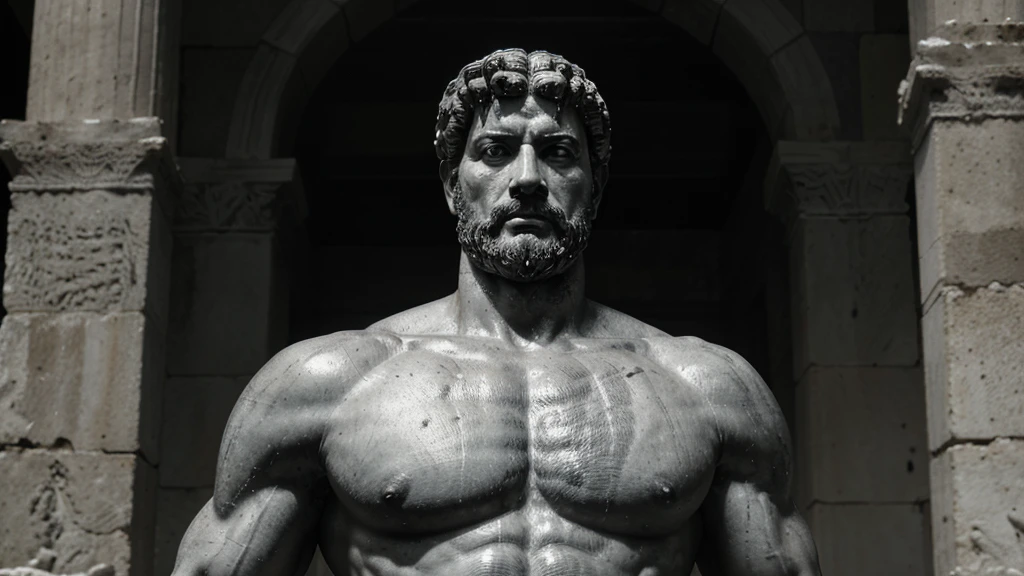 a portrait statue of the stoic Marcus Aurelius in black and white 4K, Super realistic ANCIENT GREEK RUINS, fully body, corpo stark, brawny, stark, wearing no shirt, tronco stark, stark, wearing no shirt, strong arms, 8K, ultra realisitic, cinematographic