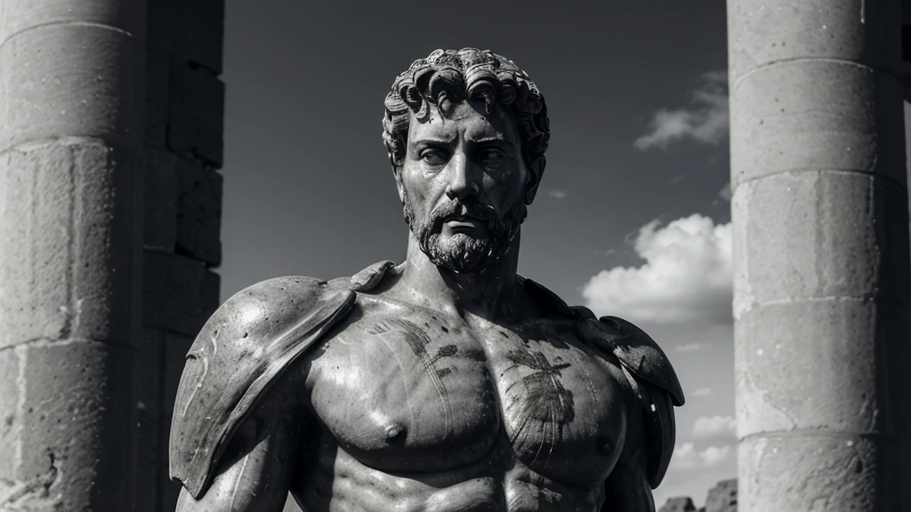 a portrait statue of the stoic Marcus Aurelius in black and white 4K, Super realistic ANCIENT GREEK RUINS, fully body, corpo stark, brawny, stark, wearing no shirt, tronco stark, stark, wearing no shirt, strong arms, 8K, ultra realisitic, cinematographic