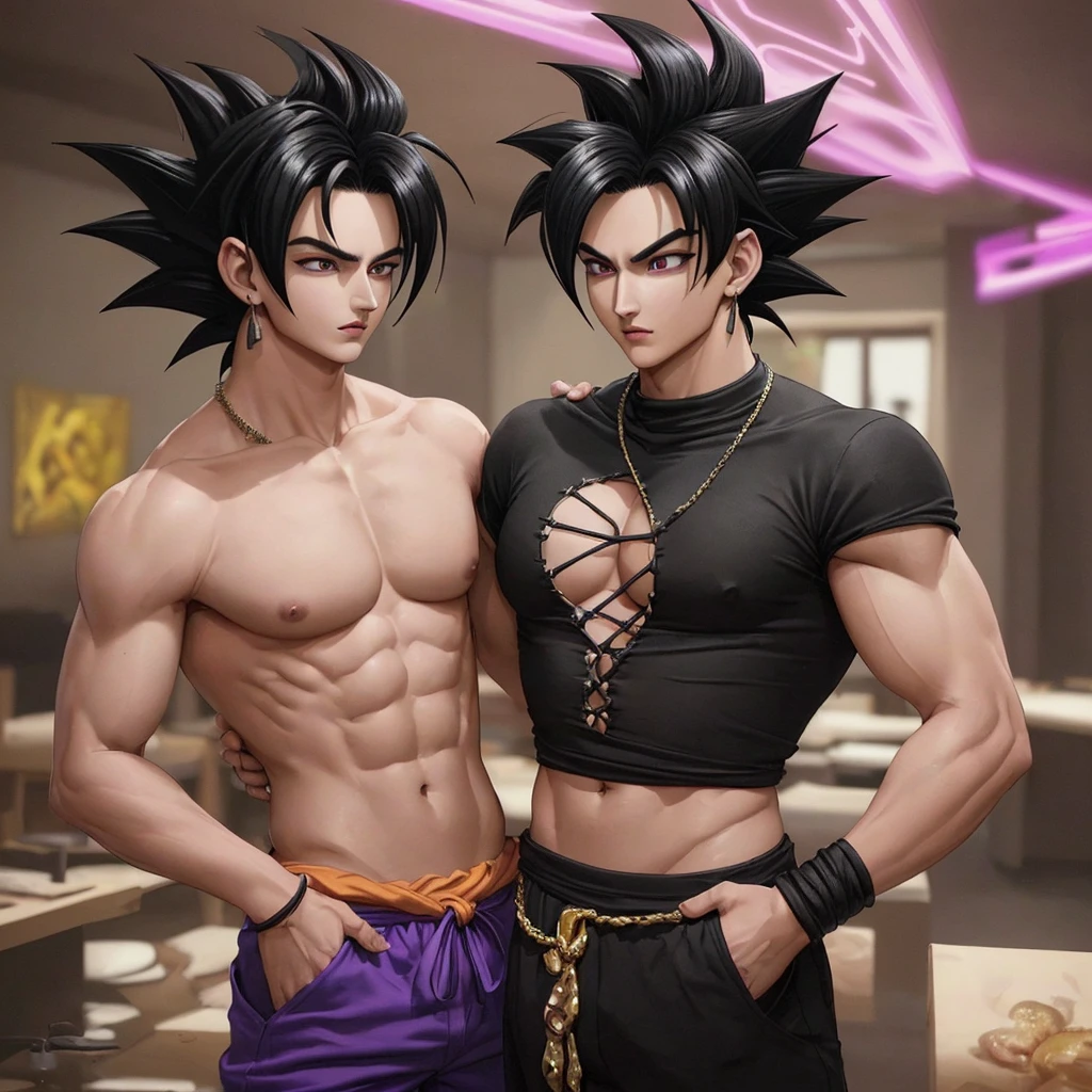 ((best qualityer)), ((work of art)), ((realisitic)) and ultra-detailed pPanasography, Caulifla, handsome boy Cauliflade de Dragon Ball Super, black spiky hair, handsome boy, light yellow hair, party, neon lig. He has ((black hair)), Crop Top Rosa, giant chest, very loose purple pants , ((beautiful and aesthetic)), sensuous, Panas