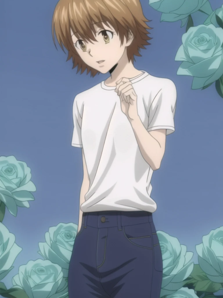 kyoko1, 1girl, short hair, brown hair, White t shirt, shortslevees, squared neck shirt, Flower pattern, blue jeans, master pease,ultra-detailed, ultra high res, high quality, solo, daytime,
