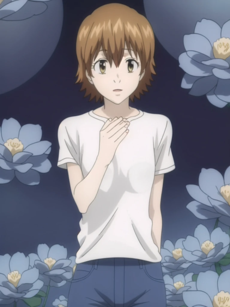 kyoko1, 1girl, short hair, brown hair, White t shirt, shortslevees, squared neck shirt, Flower pattern, blue jeans, master pease,ultra-detailed, ultra high res, high quality, solo, daytime,