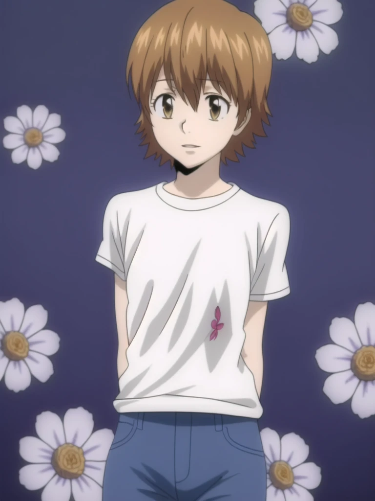 kyoko1, 1girl, short hair, brown hair, White t shirt, shortslevees, squared neck shirt, Flower pattern, blue jeans, master pease,ultra-detailed, ultra high res, high quality, solo, daytime,