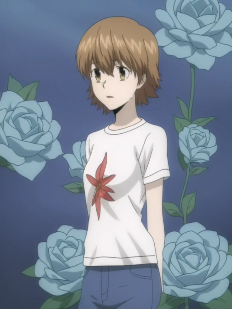 kyoko1, 1girl, short hair, brown hair, White t shirt, shortslevees, squared neck shirt, Flower pattern, blue jeans, master pease,ultra-detailed, ultra high res, high quality, solo, daytime,