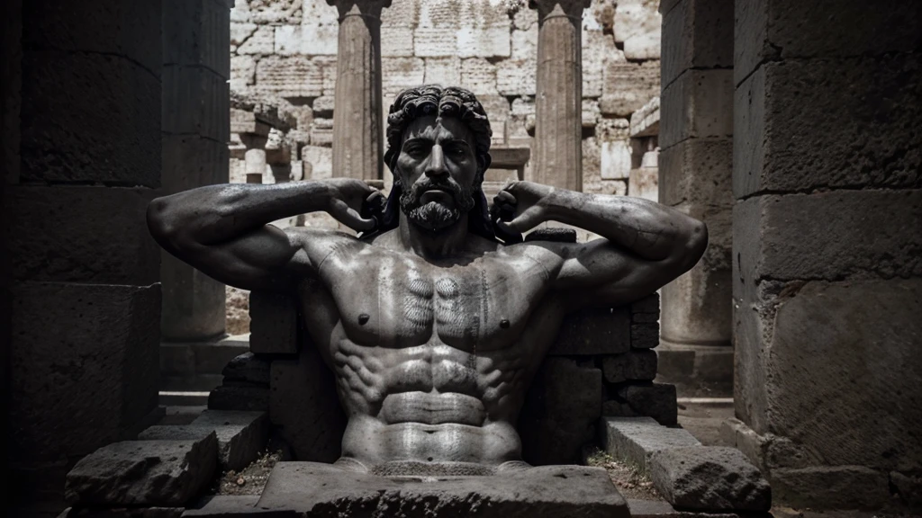 a portrait statue of the stoic Marcus Aurelius in black and white 4K, Super realistic ANCIENT GREEK RUINS, fully body, corpo stark, brawny, stark, wearing no shirt, tronco stark, stark, wearing no shirt, strong arms, 8K, ultra realisitic, cinematographic