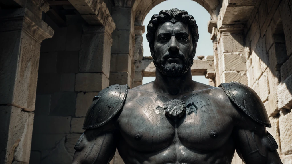 a portrait statue of the stoic Marcus Aurelius in black and white 4K, Super realistic ANCIENT GREEK RUINS, fully body, corpo stark, brawny, stark, wearing no shirt, tronco stark, stark, wearing no shirt, strong arms, 8K, ultra realisitic, cinematographic

