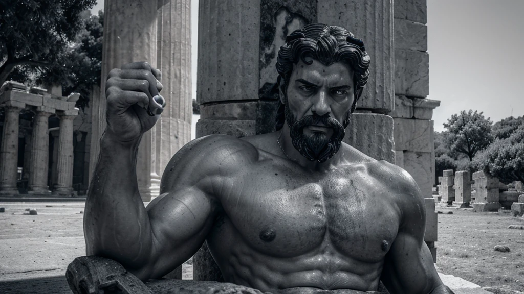 a portrait statue of the stoic Marcus Aurelius in black and white 4K, Super realistic ANCIENT GREEK RUINS, fully body, corpo stark, brawny, stark, wearing no shirt, tronco stark, stark, wearing no shirt, strong arms, 8K, ultra realisitic, cinematographic