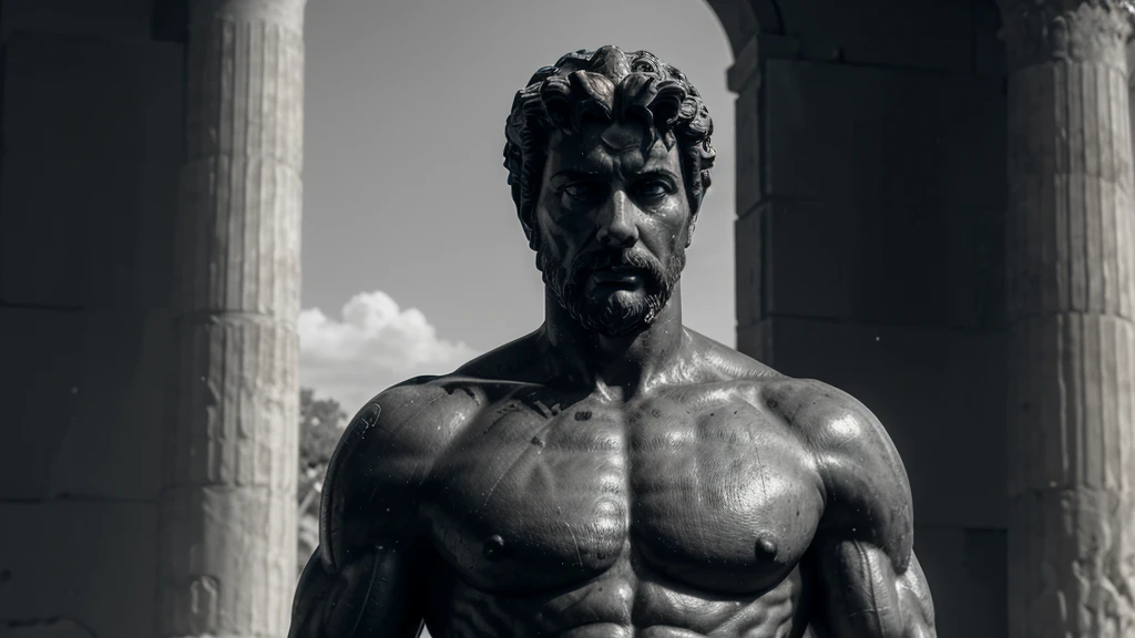 a portrait statue of the stoic Marcus Aurelius in black and white 4K, Super realistic ANCIENT GREEK RUINS, fully body, corpo stark, brawny, stark, wearing no shirt, tronco stark, stark, wearing no shirt, strong arms, 8K, ultra realisitic, cinematographic