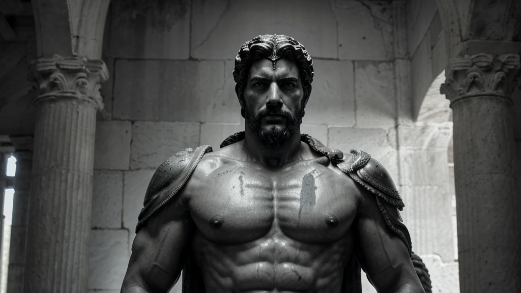 a portrait statue of the stoic Marcus Aurelius in black and white 4K, Super realistic ANCIENT GREEK RUINS, fully body, corpo stark, brawny, stark, wearing no shirt, tronco stark, stark, wearing no shirt, strong arms, 8K, ultra realisitic, cinematographic