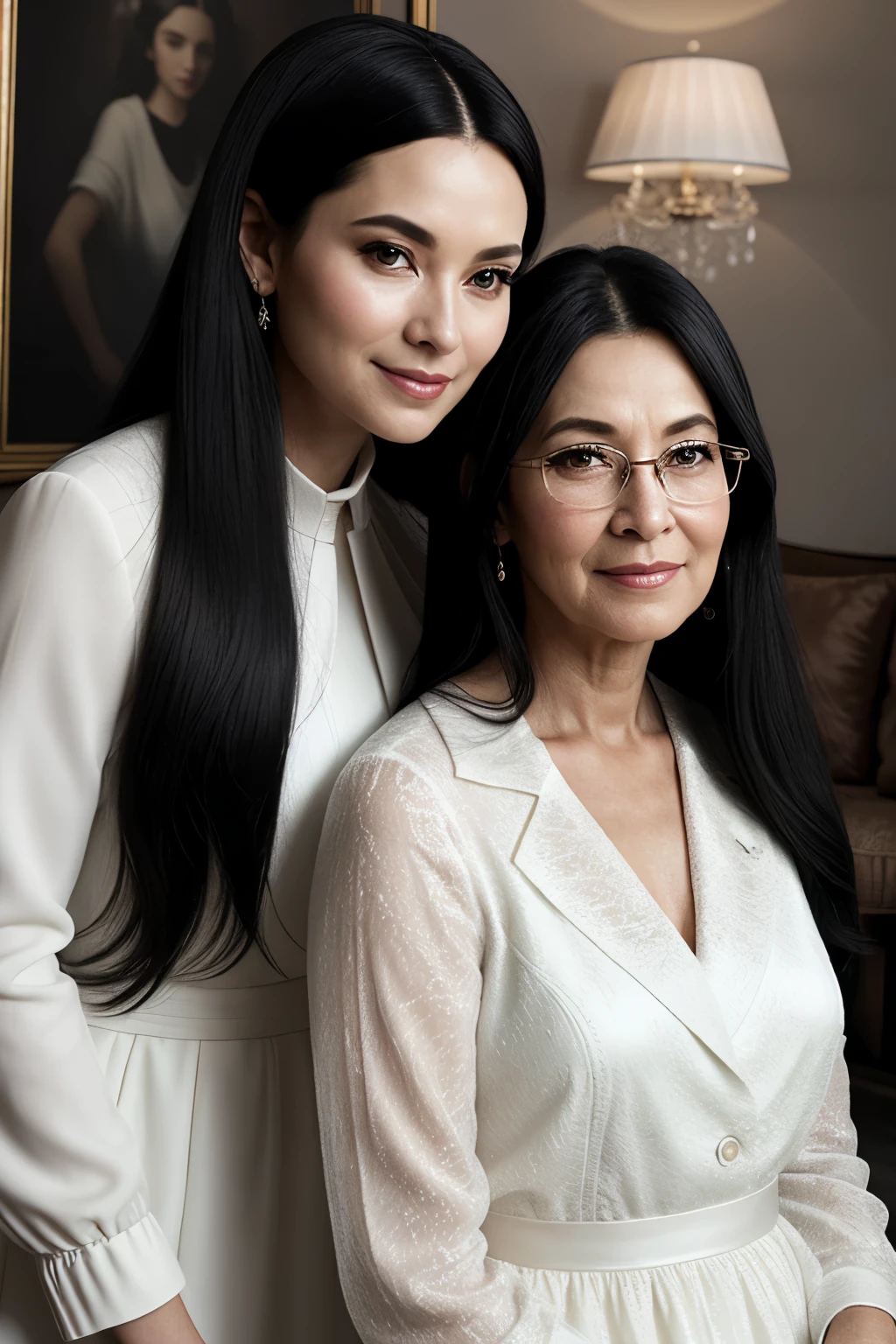 Photo of two graceful elderly women celebrating their 60th birthday, both boasting long, sleek black hair, elegantly dressed in white, their thin frames accentuated by the simplicity of their attire. The scene is bathed in soft, cinematic lighting, creating a warm, inviting atmosphere. Side lighting highlights the delicate contours of their faces, casting intriguing shadows that further emphasize their timeless beauty. The image is captured in ultra-high resolution, allowing every detail of their refined features and elegant styling to be admired. The setting is intimate, perhaps a cozy living room adorned with family photos and joyful decorations, symbolizing the rich tapestry of their