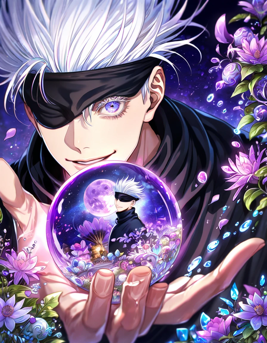 absurdres, highres, ultra detailed, HDR, master piece, best quality, extremely detailed face, delicated features, Gojou Satoru, white hair, black blindfolded eyes, Jujutsu Kaisen, solo, sexy man, handsome, smile, black clothes, purple flowers, purple petals, water, magical, fantasy, purple moon, starry sky, envy magical, crystal ball