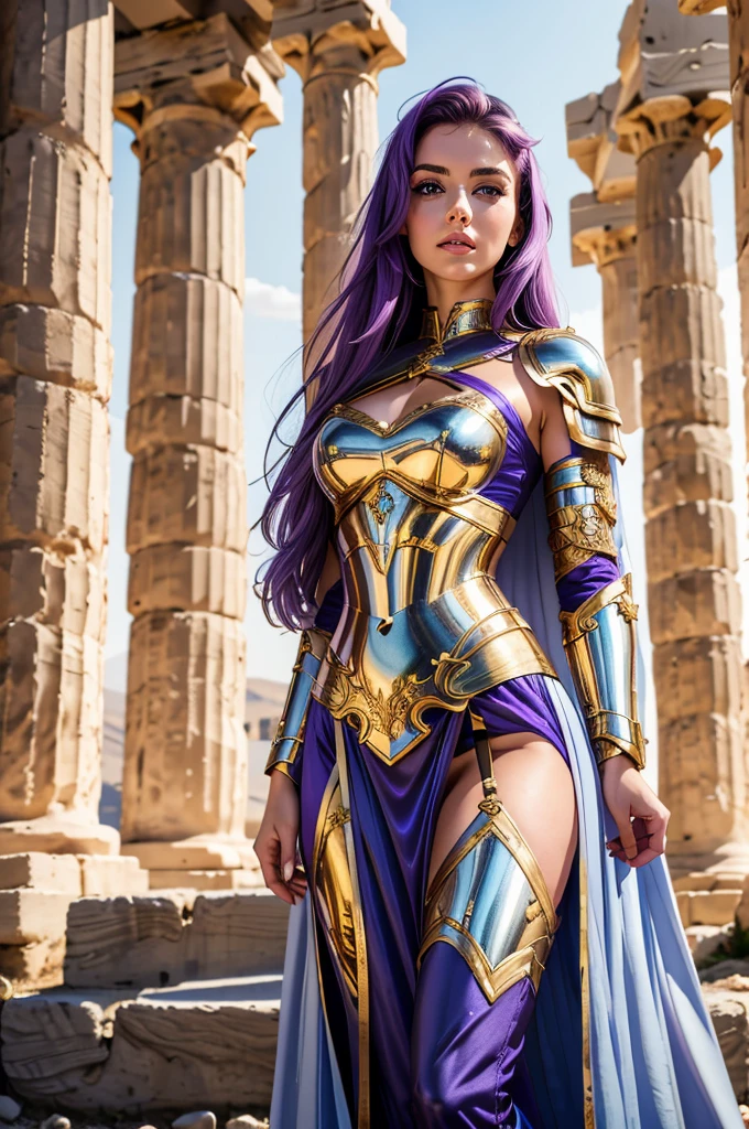 one woman, 25 year old, Greek goddness, purple hairs, blue eyes, greece, ancien temple, perfect bosy, masterclass, HD, 8k, wearing an armor, gold armor, armure cisellée, zodiac armor design, mythological armor, white cape, dark enegy aura, in an ancient greek temple in ruins