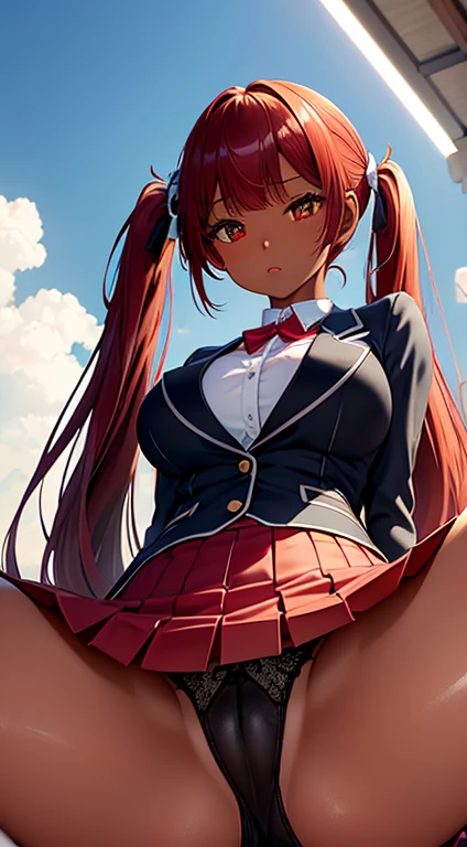 (((Spread your legs)))、((Shiny underwear)))、Uniform Blazer、Beautiful beauty、Beautiful long red hair、((whole body))、(((Photo taken from below)))、school gate、Large Breasts、Big Breastini skirt、Panties are white lace、Japanese、expensive、Long limbs、Black gal(Dark Skin:1.2)、Her hairstyle is twin tails.