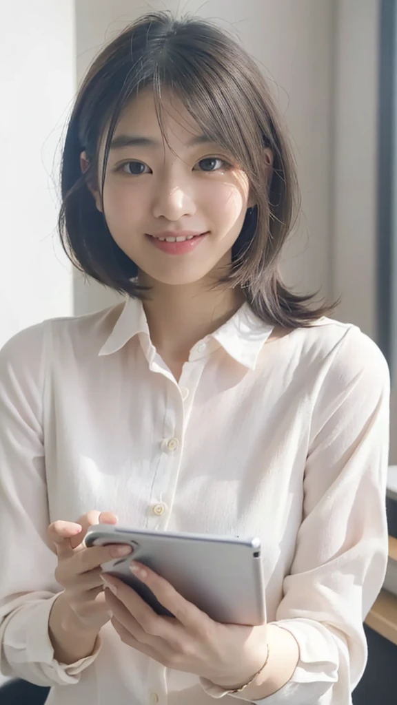  Professional photography, Soft lighting, 1. Young Japanese female entrepreneurs, Modern Office, Smart casual attire, A confident smile, Is giving a presentation, Holding a tablet, Sharp focus, A vibrant workplace, Professional atmosphere, Bright and positive expression