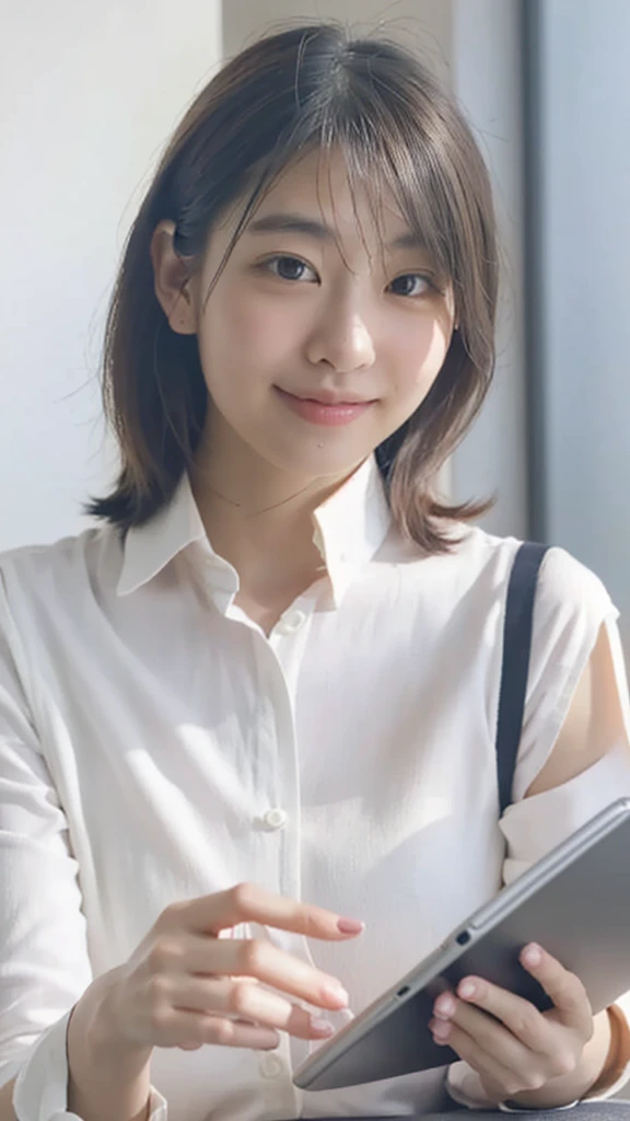 Professional photography, Soft lighting, 1. Young Japanese female entrepreneurs, Modern Office, Smart casual attire, A confident smile, Is giving a presentation, Holding a tablet, Sharp focus, A vibrant workplace, Professional atmosphere, Bright and positive expression