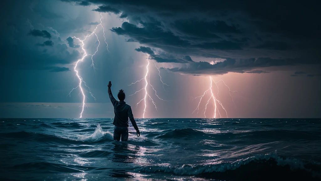 create an image of a person on their back and alone with one hand in the water and the other raised upwards in a rough sea at night, with just a reflection of lightning to illuminate the scene.