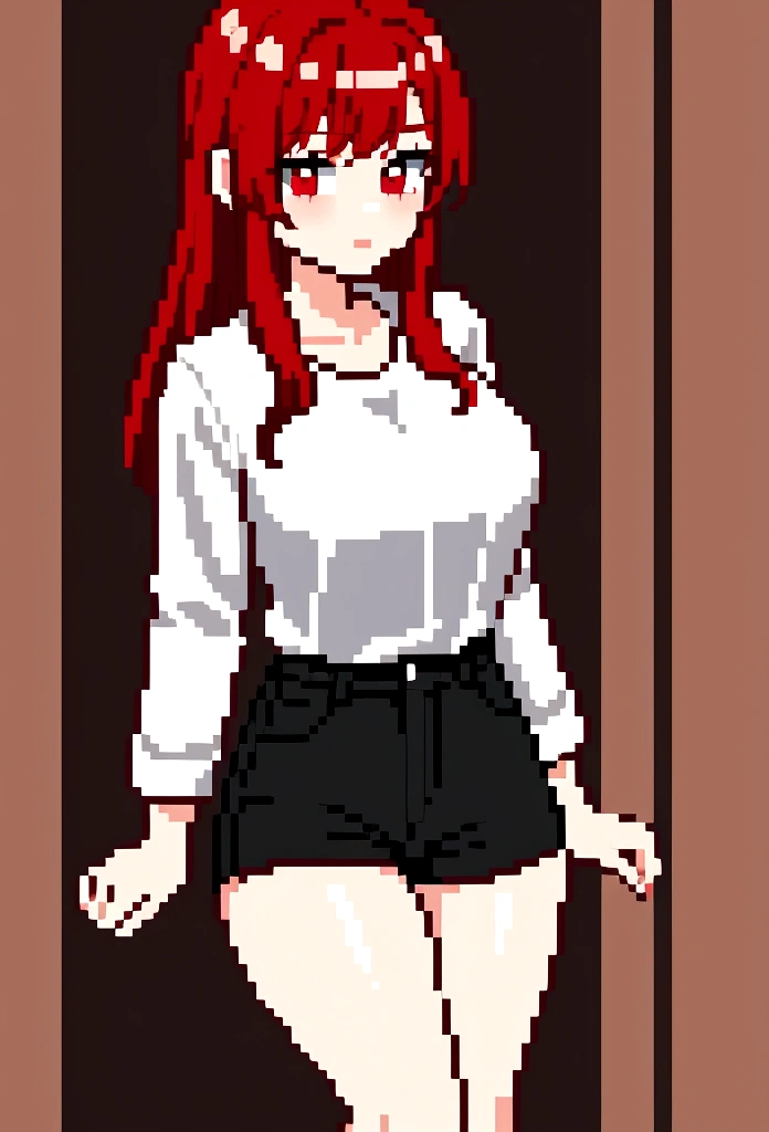 1 girl with red hair and wearing a shirt that reaches her thigh