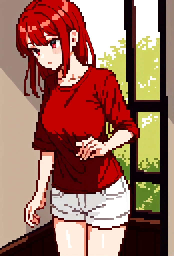 (((pixel art, chibi-style, stylized game character, fewer wrinkles, simplified contours))), (a woman straddling to hit her crotch against the bollard for masturbation), slut, (blush), open mouth, ((drooping eyes, blush)),  (angle from below), clerk uniform, skirt, panties, tiny earrings, lean on the table, open legs, raise leg,