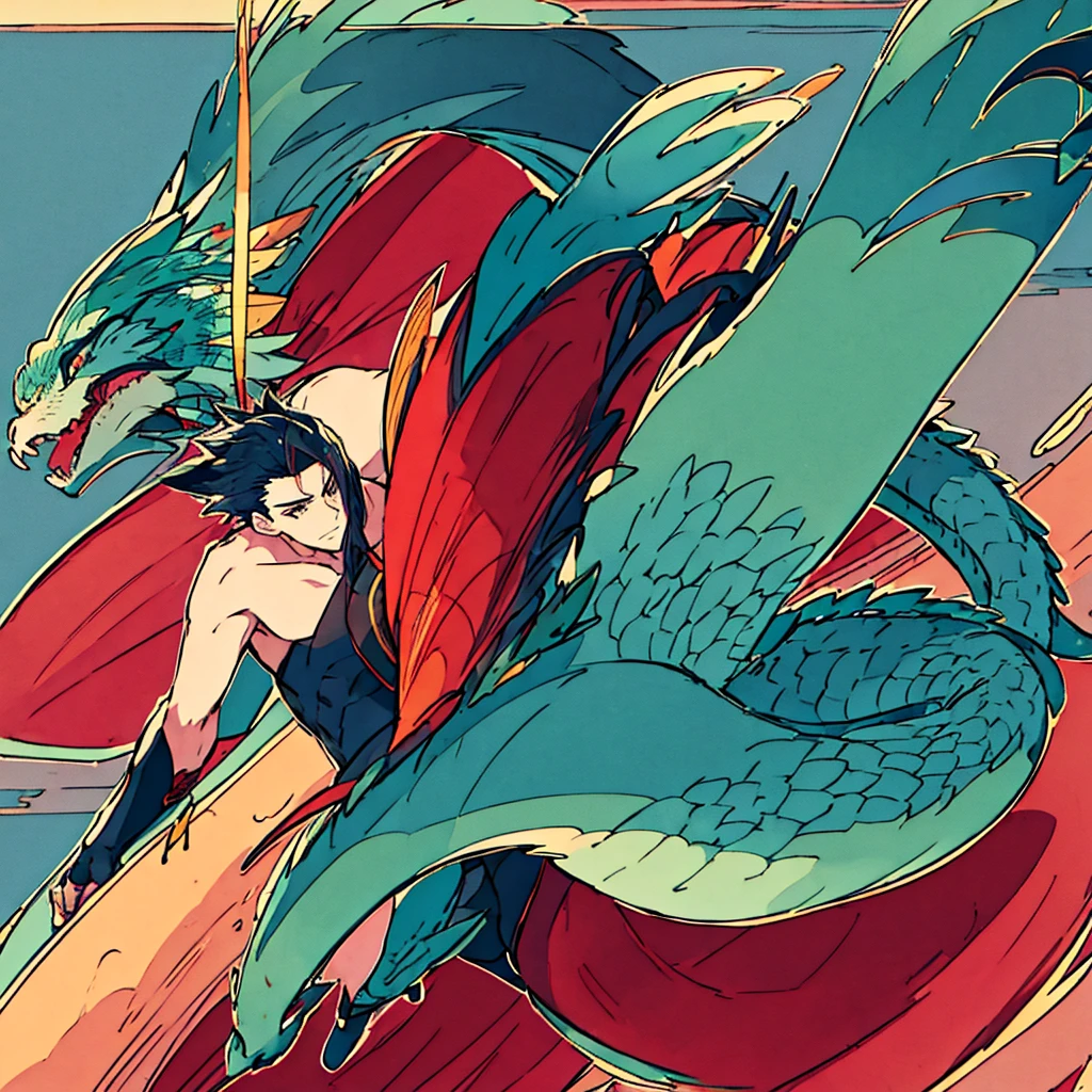 A hybrid age chinese dragon boy, medium and slim body, turquoise scales, thin arms, short messy dark turquoise hair, a horn on the forehead, small pointed ears with traditional red earrings, pale rainbow colored eyes, playful and serious gaze, sharp claws, wearing traditional japanese style white and turquoise clothes with red patterns, long chinese dragon tail with turquoise patterns