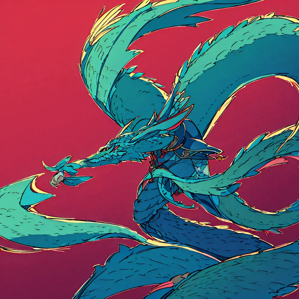 A hybrid teenage chinese dragon boy, medium and slim body, turquoise scales, thin arms, short messy dark turquoise hair, a horn on the forehead, small pointed ears with traditional red earrings, pale rainbow colored eyes, playful and serious gaze, sharp claws, wearing traditional japanese style white and turquoise clothes with red patterns, long chinese dragon tail with turquoise patterns