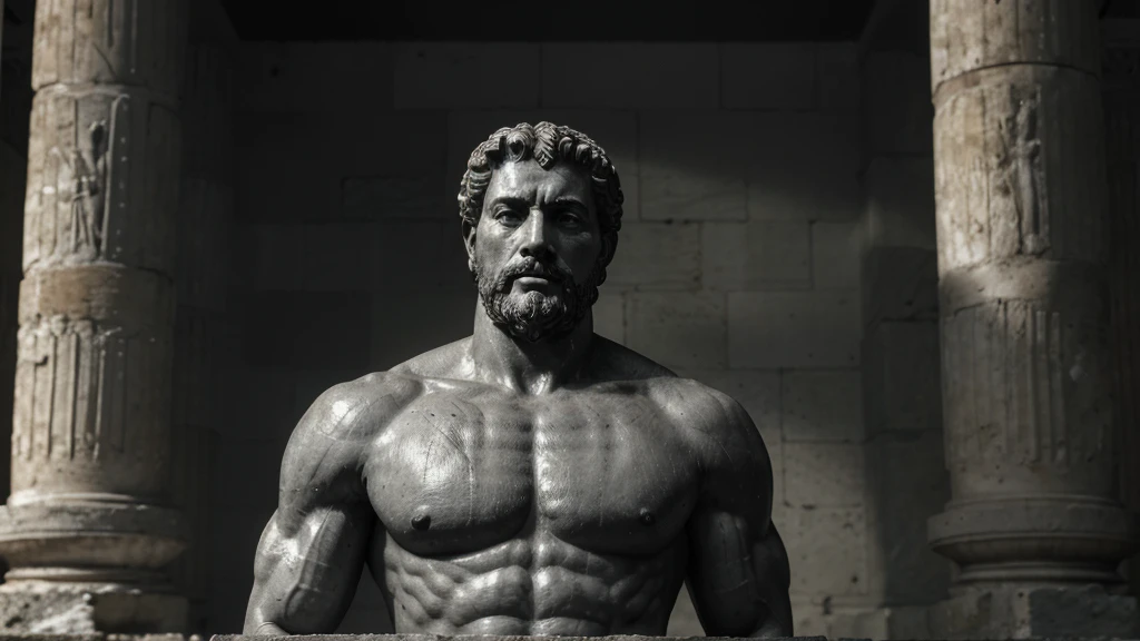 a portrait statue of the stoic Marcus Aurelius in black and white 4K, Super realistic ANCIENT GREEK RUINS, fully body, corpo stark, brawny, stark, wearing no shirt, tronco stark, stark, wearing no shirt, strong arms, 8K, ultra realisitic, cinematographic