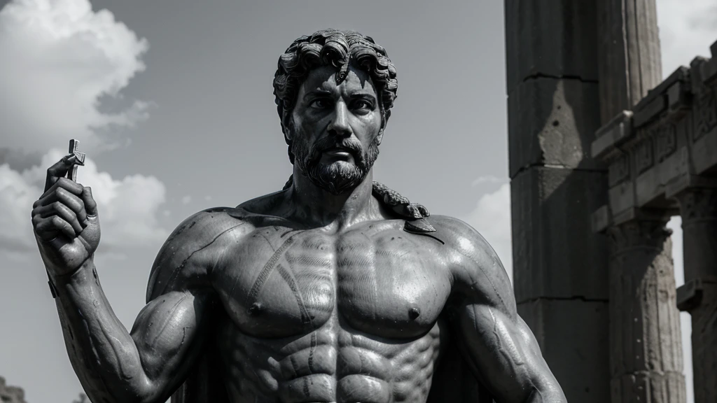a portrait statue of the stoic Marcus Aurelius in black and white 4K, Super realistic ANCIENT GREEK RUINS, fully body, corpo stark, brawny, stark, wearing no shirt, tronco stark, stark, wearing no shirt, strong arms, 8K, ultra realisitic, cinematographic
