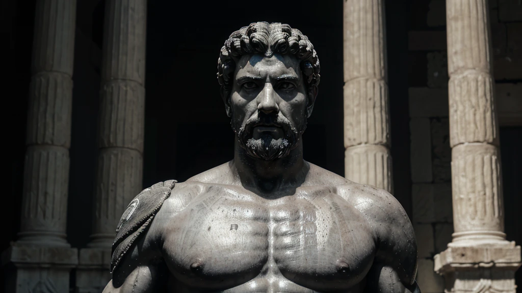 a portrait statue of the stoic Marcus Aurelius in black and white 4K, Super realistic ANCIENT GREEK RUINS, fully body, corpo stark, brawny, stark, wearing no shirt, tronco stark, stark, wearing no shirt, strong arms, 8K, ultra realisitic, cinematographic