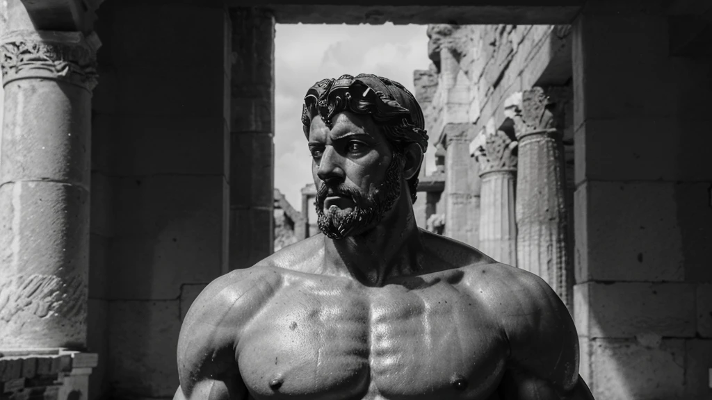 a portrait statue of the stoic Marcus Aurelius in black and white 4K, Super realistic ANCIENT GREEK RUINS, fully body, corpo stark, brawny, stark, wearing no shirt, tronco stark, stark, wearing no shirt, strong arms, 8K, ultra realisitic, cinematographic