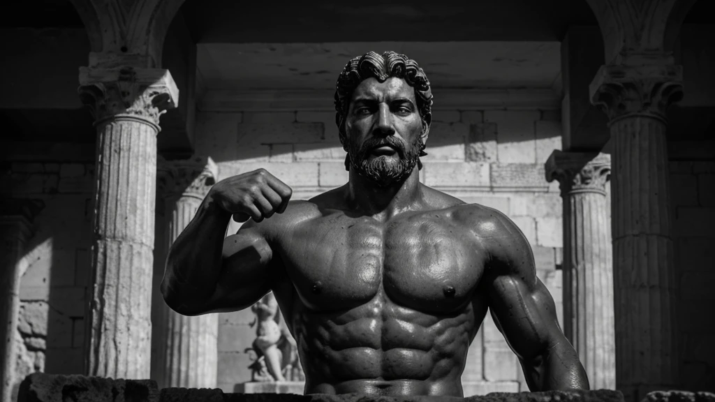 a portrait statue of the stoic Marcus Aurelius in black and white 4K, Super realistic ANCIENT GREEK RUINS, fully body, corpo stark, brawny, stark, wearing no shirt, tronco stark, stark, wearing no shirt, strong arms, 8K, ultra realisitic, cinematographic