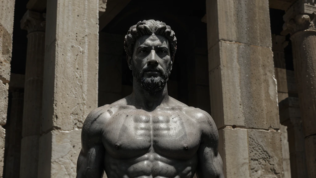 a portrait statue of the stoic Marcus Aurelius in black and white 4K, Super realistic ANCIENT GREEK RUINS, fully body, corpo stark, brawny, stark, wearing no shirt, tronco stark, stark, wearing no shirt, strong arms, 8K, ultra realisitic, cinematographic