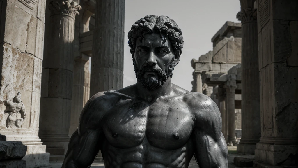 a portrait statue of the stoic Marcus Aurelius in black and white 4K, Super realistic ANCIENT GREEK RUINS, fully body, corpo stark, brawny, stark, wearing no shirt, tronco stark, stark, wearing no shirt, strong arms, 8K, ultra realisitic, cinematographic