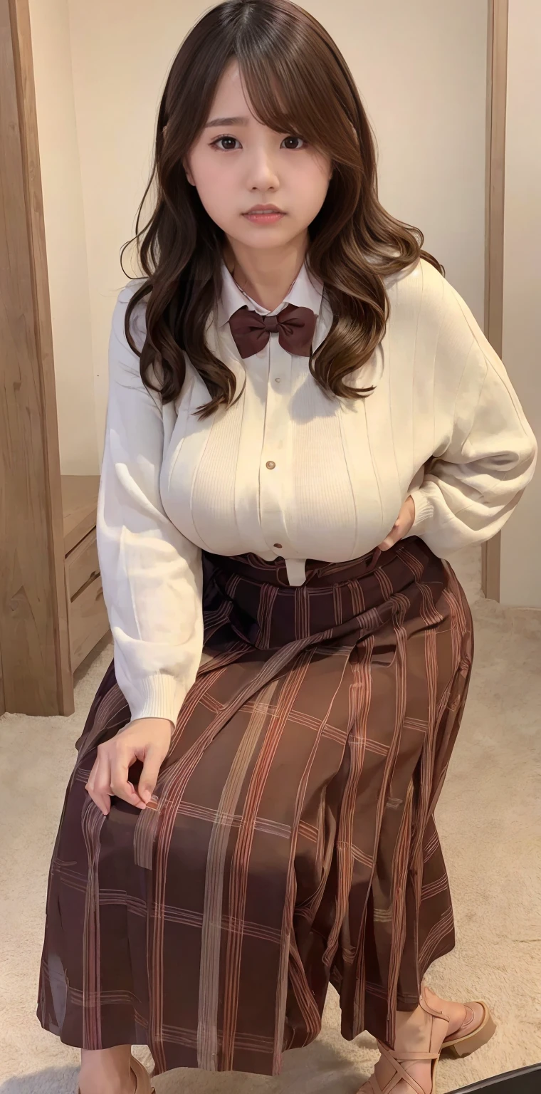 (Highest quality、Highest quality、Raw quality)、Japanese ID, Mature Woman, ((Chubby round face around 40 years old)), Wavy black hair with no bangs, Medium Long Hair, ponytail, Flashy makeup, Fuller lips, Sexy Gaze, uniform, ((dressing)), looking at the camera, Low angle shooting, Cute duck lips,((Very accurate and correct anatomy)), (masterpiece:1.3), Perfect proportions, Realistic photos, Full Shot, whole body, (height: 148cm), High heels