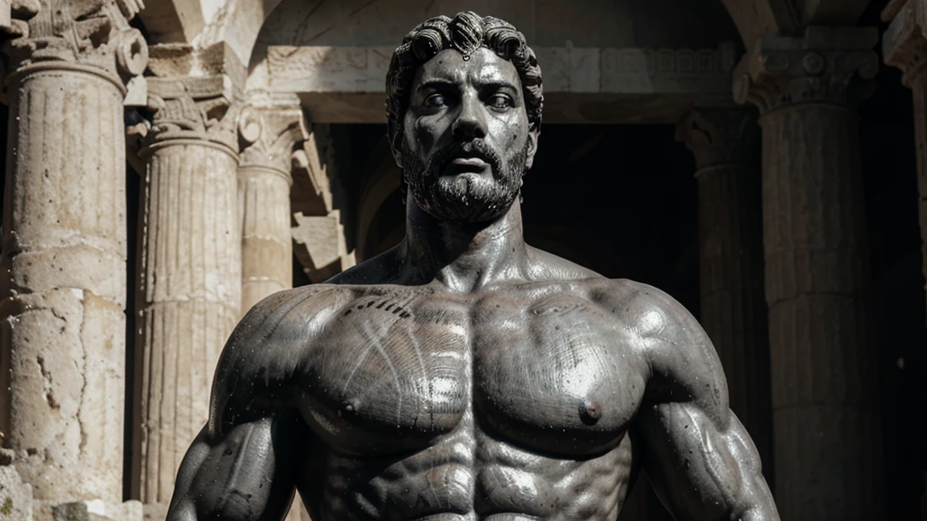 a portrait statue of the stoic Marcus Aurelius in black and white 4K, Super realistic ANCIENT GREEK RUINS, fully body, corpo stark, brawny, stark, wearing no shirt, tronco stark, stark, wearing no shirt, strong arms, 8K, ultra realisitic, cinematographic