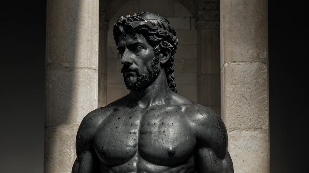 a portrait statue of the stoic Marcus Aurelius in black and white 4K, Super realistic ANCIENT GREEK RUINS, fully body, corpo stark, brawny, stark, wearing no shirt, tronco stark, stark, wearing no shirt, strong arms, 8K, ultra realisitic, cinematographic