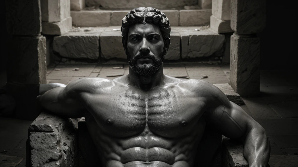 a portrait statue of the stoic Marcus Aurelius in black and white 4K, Super realistic ANCIENT GREEK RUINS, fully body, corpo stark, brawny, stark, wearing no shirt, tronco stark, stark, wearing no shirt, strong arms, 8K, ultra realisitic, cinematographic