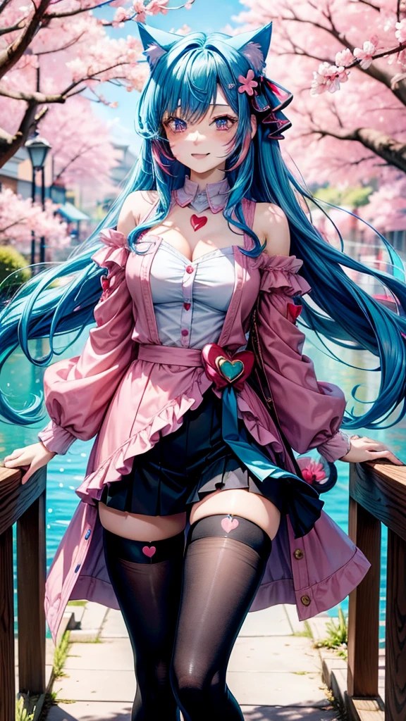 Half Red and blue hair, pink eyes, woman, teal blue gold clothes,happy face, sexy, cat ears, hearts, floating hearts, thigh high tights, long hair, smiling, cherry blossom, hair ornament