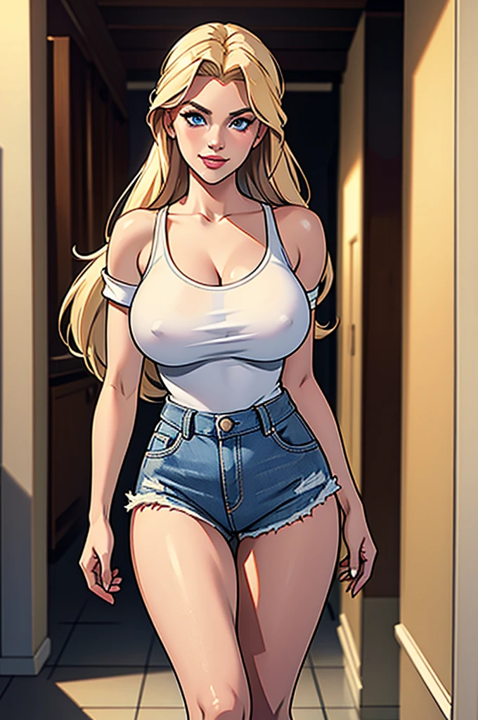 A beautiful busty blonde haired blue eyed woman resembling like Anna Nicole Smith, 21 years old, with extremely humongous tits, wearing white t-shirt, and ripped denim mini-short, smiling, seductive and walking through the corridors of the university, photorealistic, 8k, highly detailed, dramatic lighting, cinematic composition, elegant fashion, glamorous, intricate details, hyper realistic