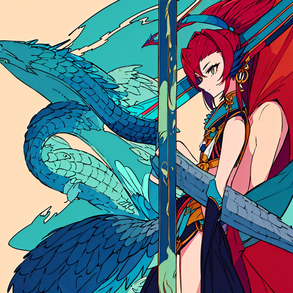 A hybrid teenage chinese dragon boy, medium and slim body, turquoise scales, thin arms, short messy dark turquoise hair, a horn on the forehead, small pointed ears with traditional red earrings, pale rainbow colored eyes, playful and serious gaze, sharp claws, wearing traditional japanese style white and turquoise clothes with red patterns, long chinese dragon tail with turquoise patterns
