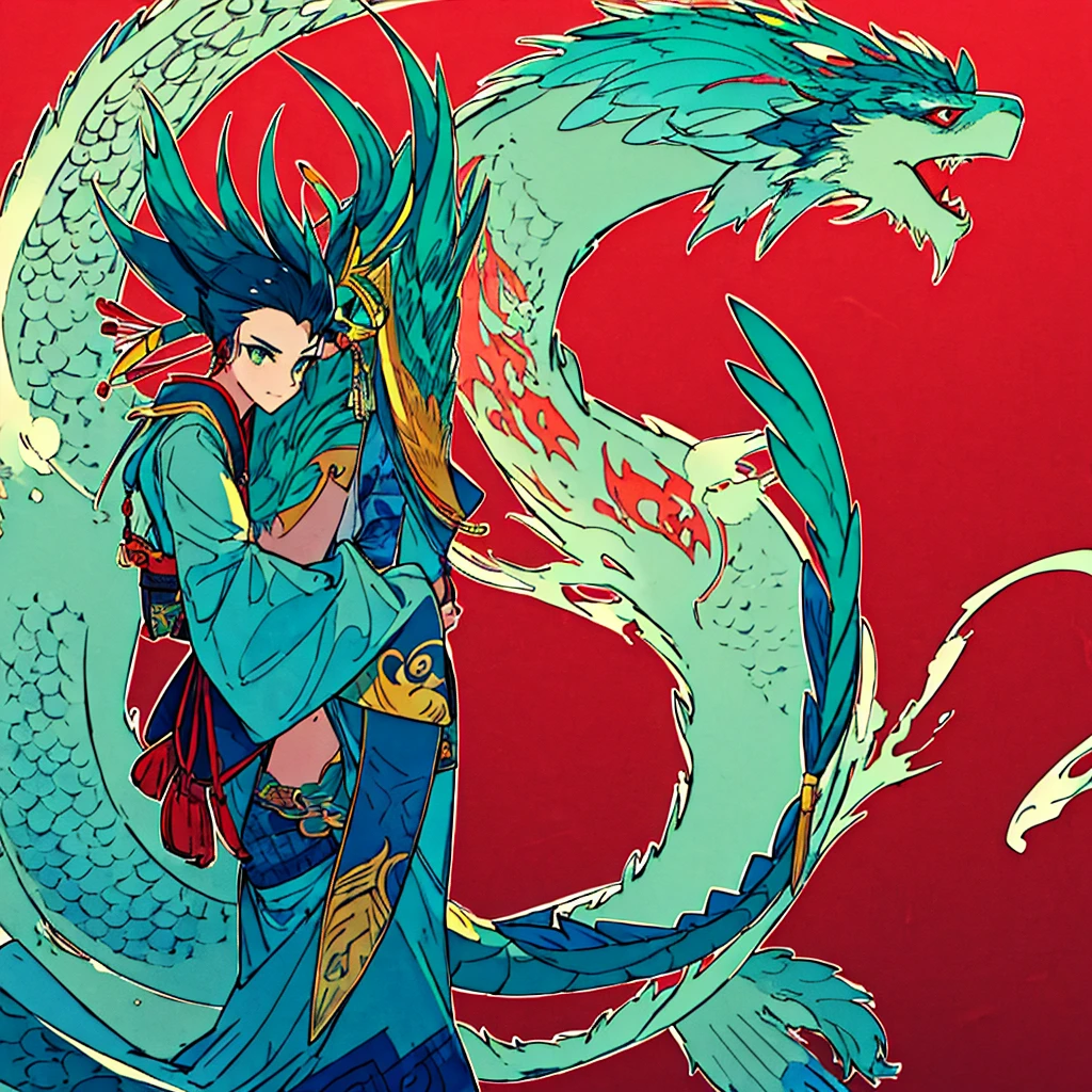 A hybrid teenage chinese dragon boy, medium and slim body, turquoise scales, thin arms, short messy dark turquoise hair, a horn on the forehead, small pointed ears with traditional red earrings, pale rainbow colored eyes, playful and serious gaze, sharp claws, wearing traditional japanese style white and turquoise clothes with red patterns, long chinese dragon tail with turquoise patterns