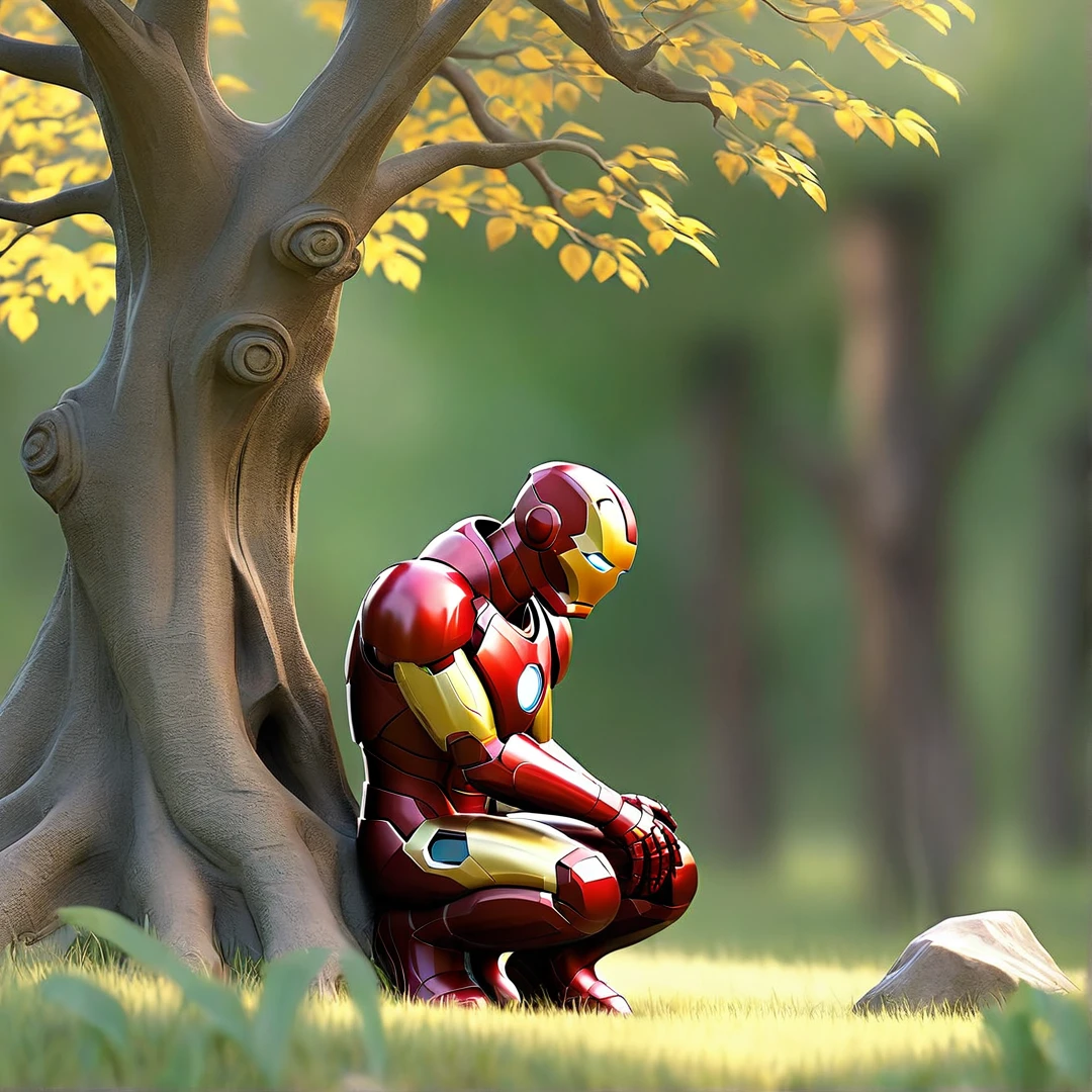 Sob a serene glass, on a peaceful day, an iron man kneels, in voracious prayer. Bible in hands, words of light, Seek the comfort that faith always translates. The shadow of the tree, shelter and refreshment, A sacred encounter, an ethereal moment. With eyes closed and heart open, Pray fervently, search for the right path. Every leaf that falls, a divine whisper, Guiding your words, showing the destination. On sacred ground, your soul surrenders, To God omnipresent, his life he extends. under the tree, symbol of life and shelter, A man and his faith, in an old dialogue. kneeling in prayer, her strength she renews.