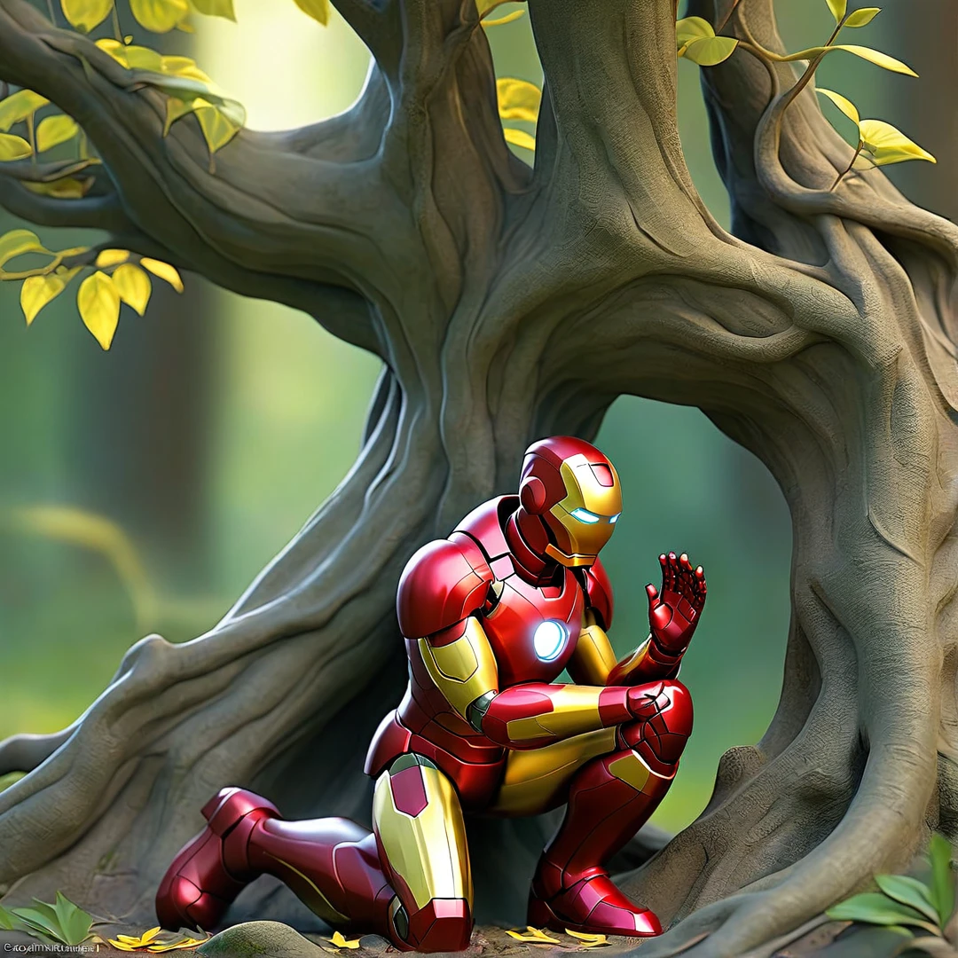 Sob a serene glass, on a peaceful day, an iron man kneels, in voracious prayer. Bible in hands, words of light, Seek the comfort that faith always translates. The shadow of the tree, shelter and refreshment, A sacred encounter, an ethereal moment. With eyes closed and heart open, Pray fervently, search for the right path. Every leaf that falls, a divine whisper, Guiding your words, showing the destination. On sacred ground, your soul surrenders, To God omnipresent, his life he extends. under the tree, symbol of life and shelter, A man and his faith, in an old dialogue. kneeling in prayer, her strength she renews.