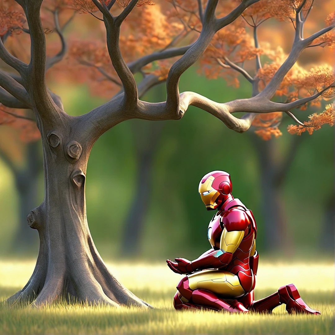 Sob a serene glass, on a peaceful day, an iron man kneels, in voracious prayer. Bible in hands, words of light, Seek the comfort that faith always translates. The shadow of the tree, shelter and refreshment, A sacred encounter, an ethereal moment. With eyes closed and heart open, Pray fervently, search for the right path. Every leaf that falls, a divine whisper, Guiding your words, showing the destination. On sacred ground, your soul surrenders, To God omnipresent, his life he extends. under the tree, symbol of life and shelter, A man and his faith, in an old dialogue. kneeling in prayer, her strength she renews.